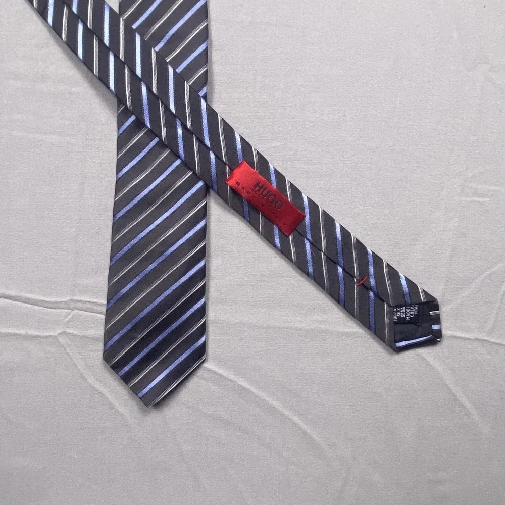 Hugo Boss Hugo Mens Silk Tie Gray Blue Striped Necktie Made In Italy 100% Silk